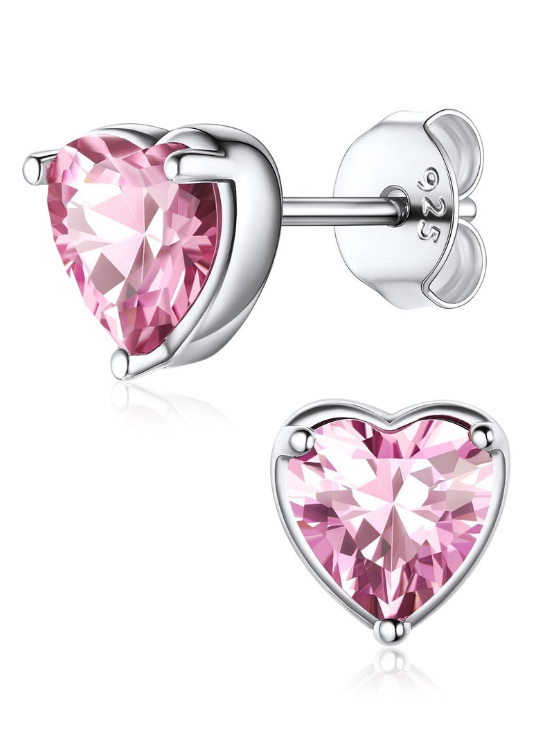ChicSilver Pink Stud Earrings Heart Stud Earrings Tourmaline October Birthstone Earring Studs, Hypoallergenic Pink Earrings for Women 925 Sterling Silver Earrings - Image 1